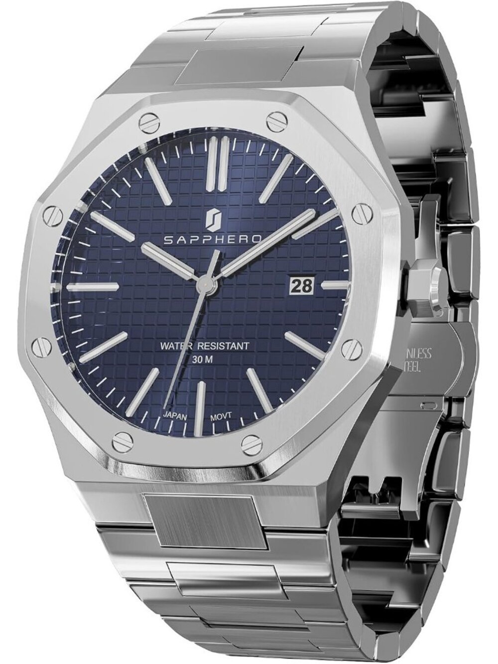 Men's Sliver Strap Blue Face Stainless Steel Octagonal Date Quartz Wrist Watch